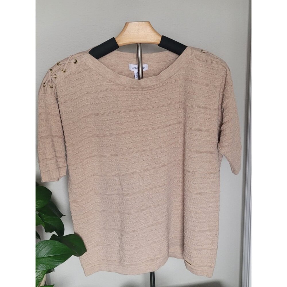 Calvin Klein Grommet Lace-Up Shoulder Textured Top Knit Sweater SZ: Medium